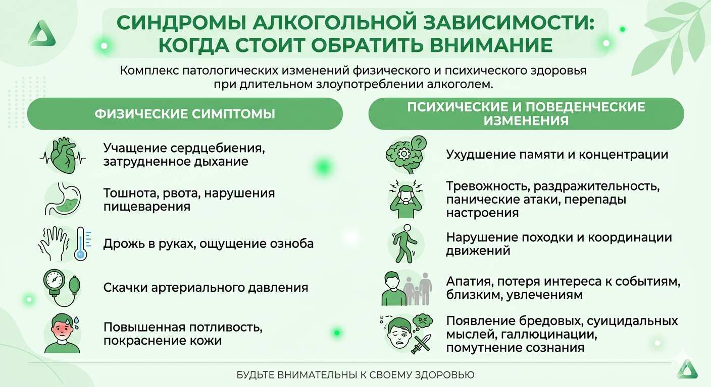 Синдромы алкогольной зависимости: основные признаки и симптомы — Дельта Клиник Инфографика с перечислением физических и психических признаков алкогольной зависимости в зеленых тонах
